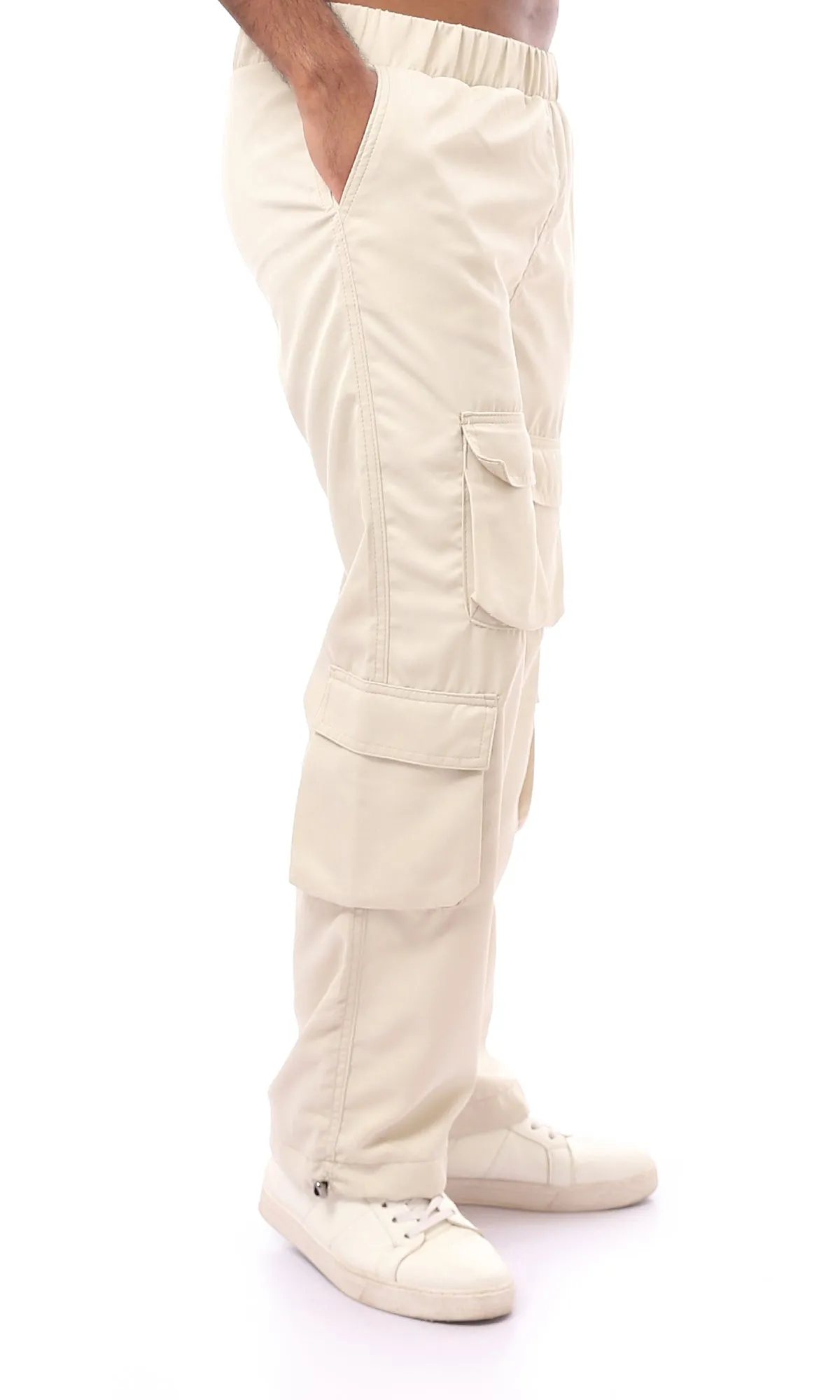 O170579 Elastic Waist Beige Solid Cargo Pants