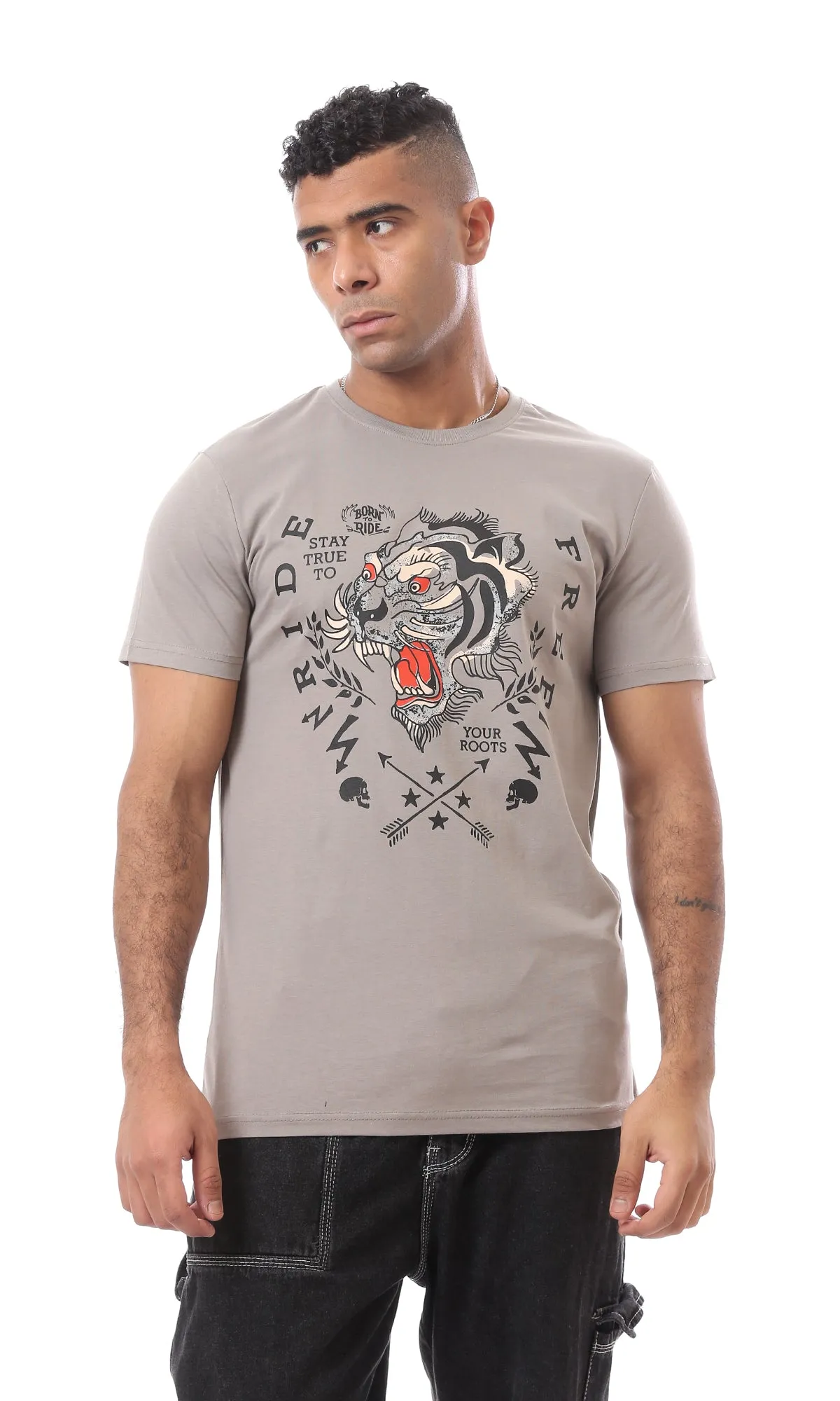 O167308 Tiger Ride Free Front & Back Printed Light Taupe Tee