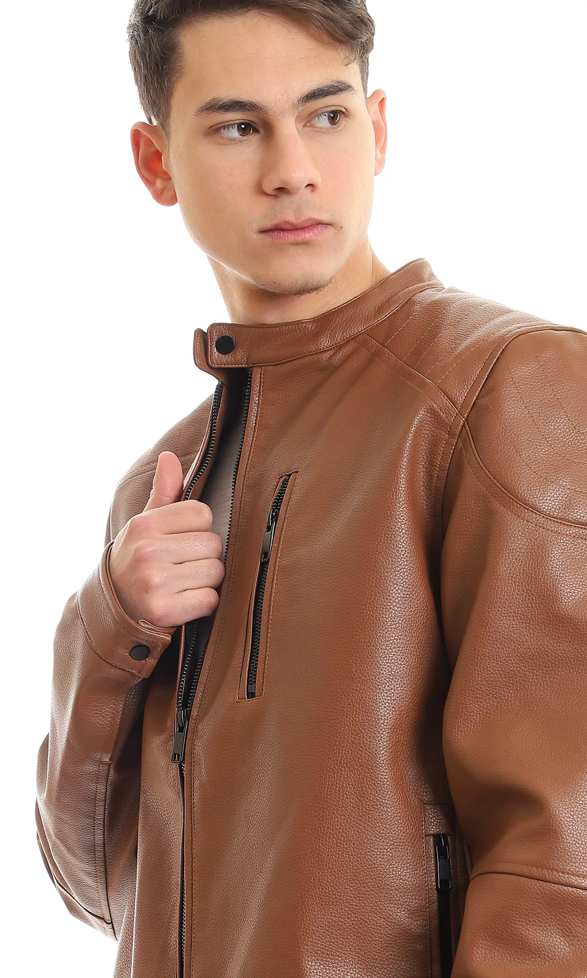 95853 Band Collar Chest Zipper Pocket Leather Jacket - Havana