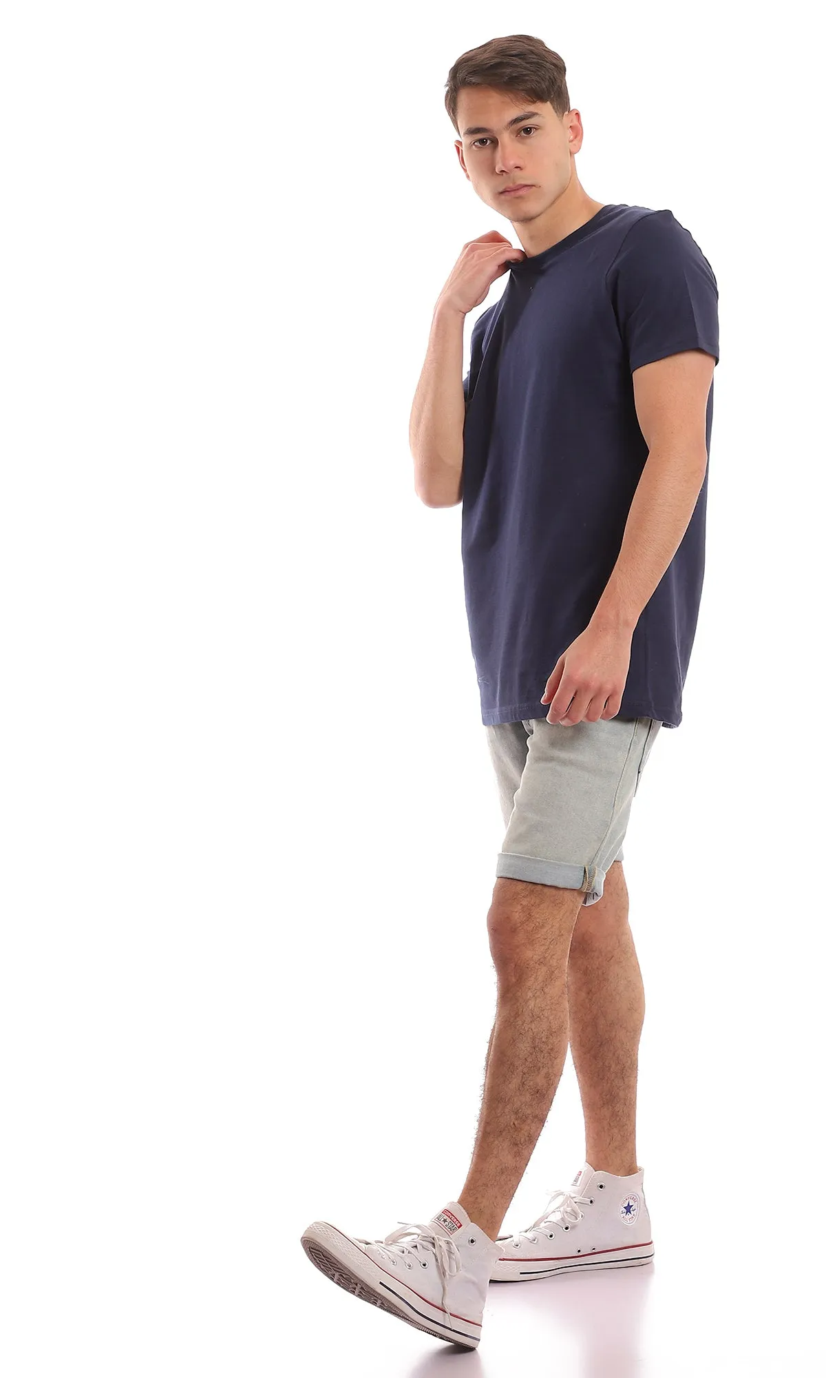 97691 Basic Round Plain Navy Blue Summer T-Shirt