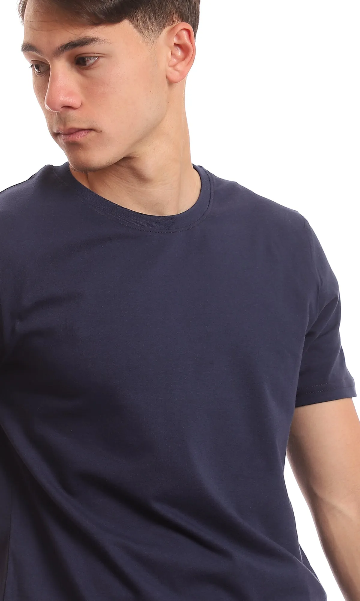 97691 Basic Round Plain Navy Blue Summer T-Shirt