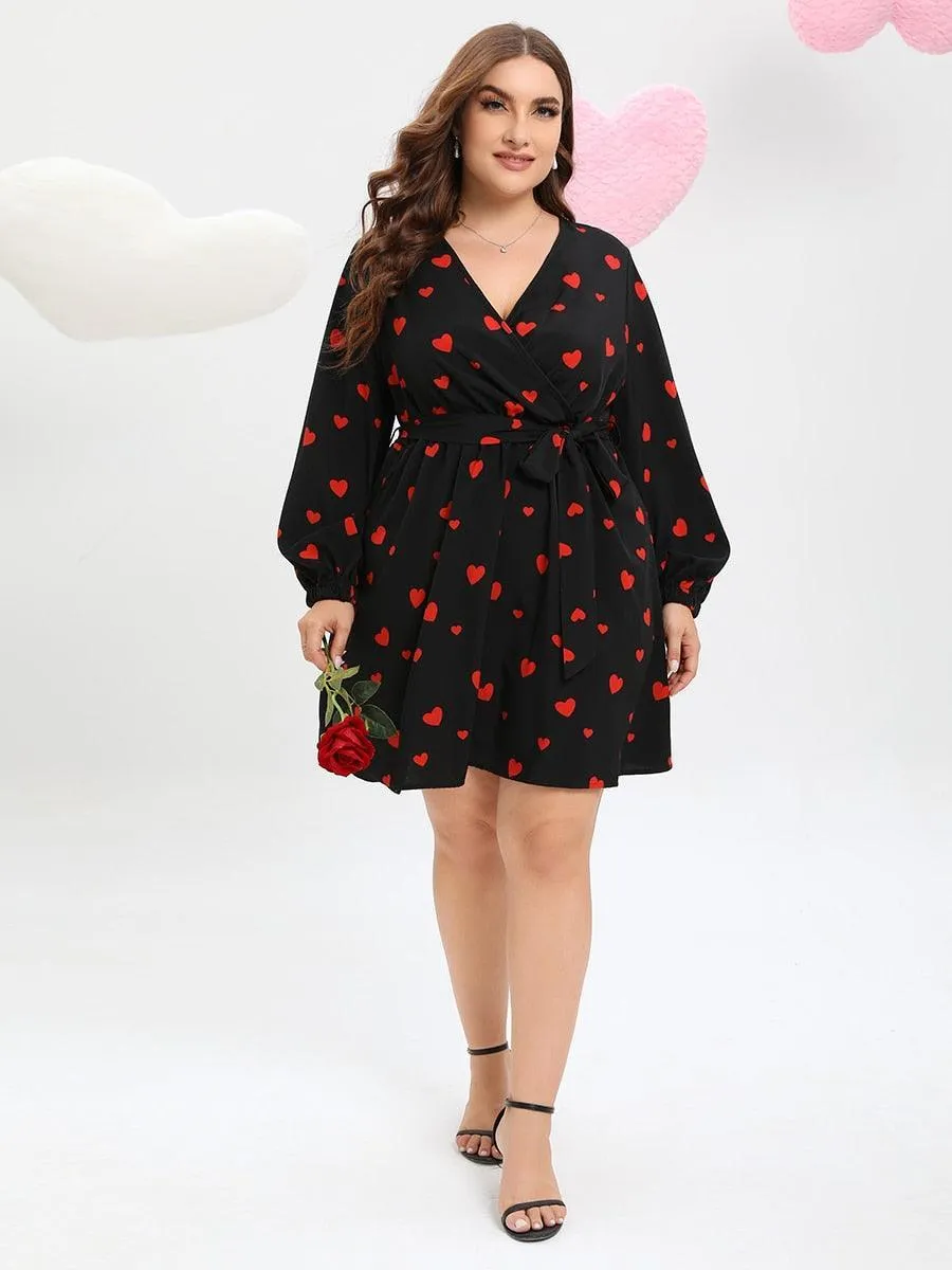 Allover Heart Print Belted Midi Dress