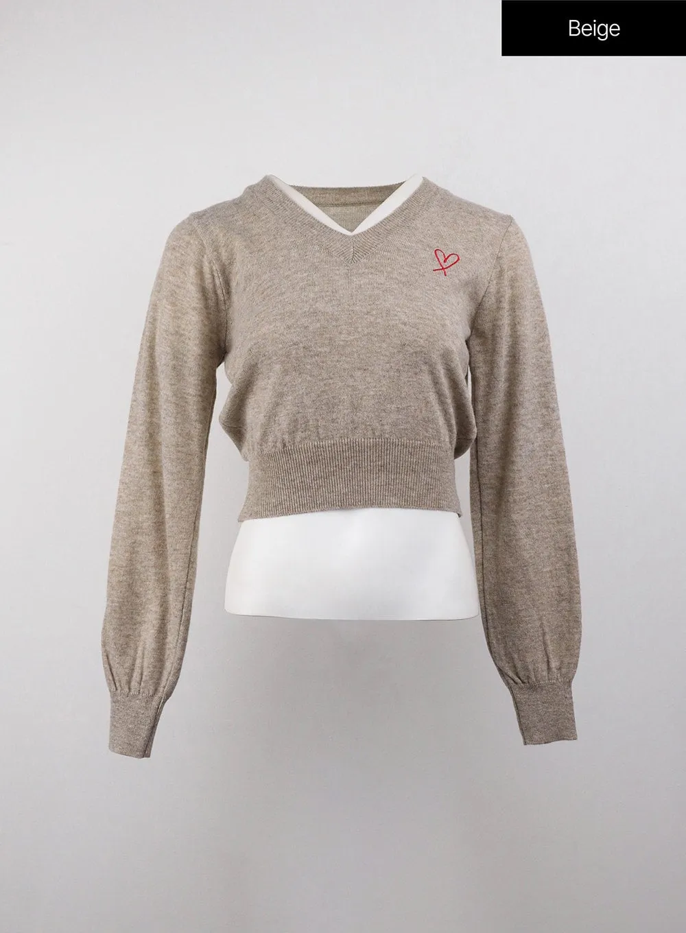 Heart Embroidered V-Neck Crop Sweater OJ416