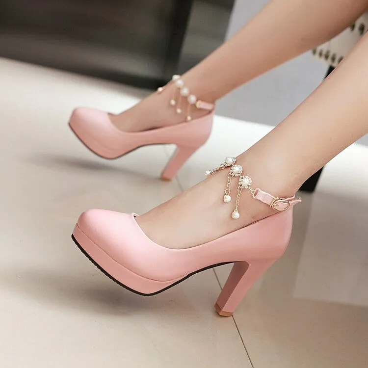 Women's Ankle Straps Pearl Chain Platform Chunky High Heels Shoes 6459