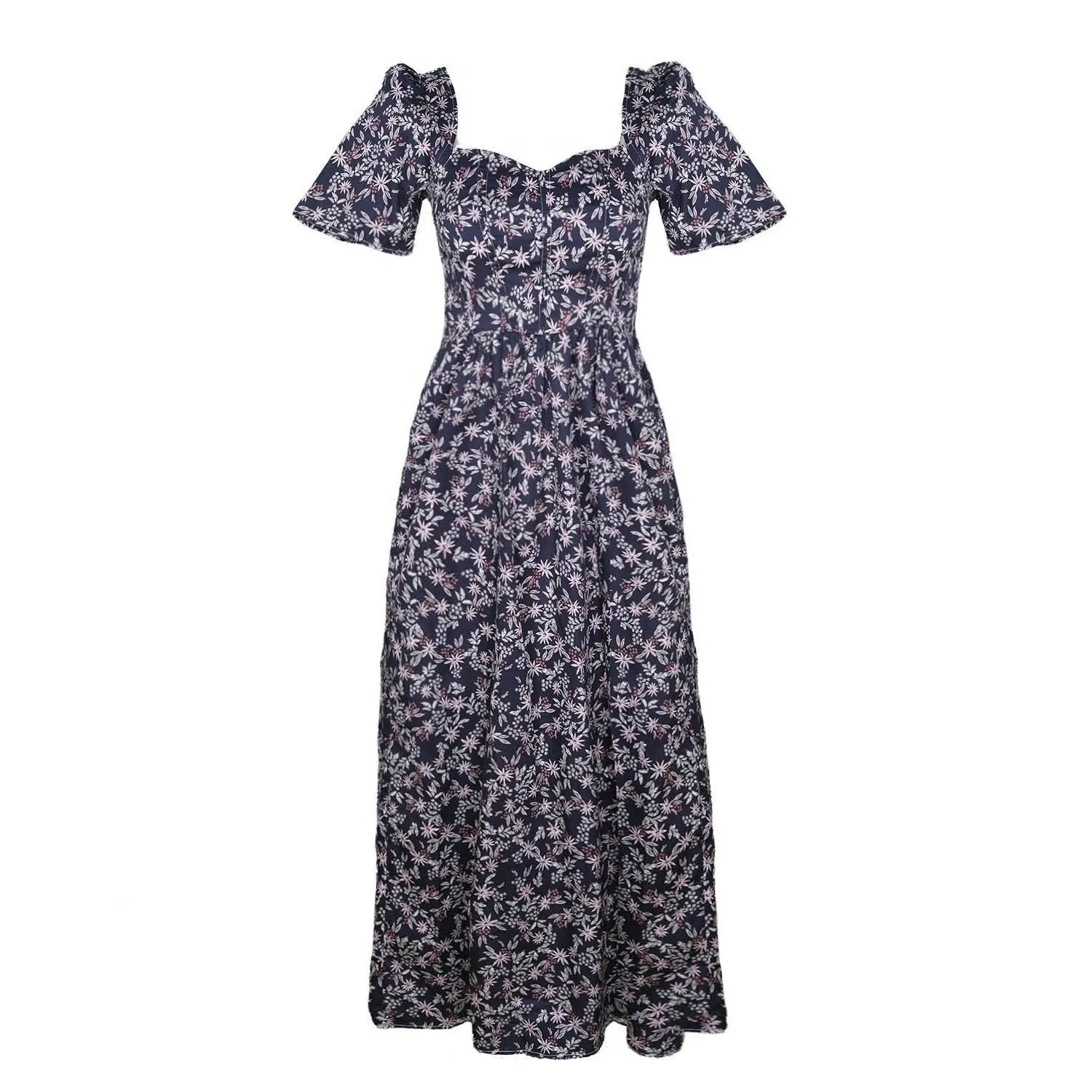 Beatrice Maxi Dress With Sweetheart Neckline / Black Floral Cotton