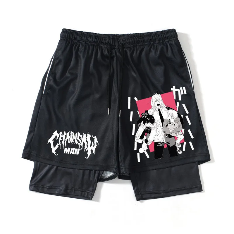 Anime Chainsaw Men Sport Shorts - 2-in-1 Workout Running and Training Shorts Gym, Fitness, and Jogging!