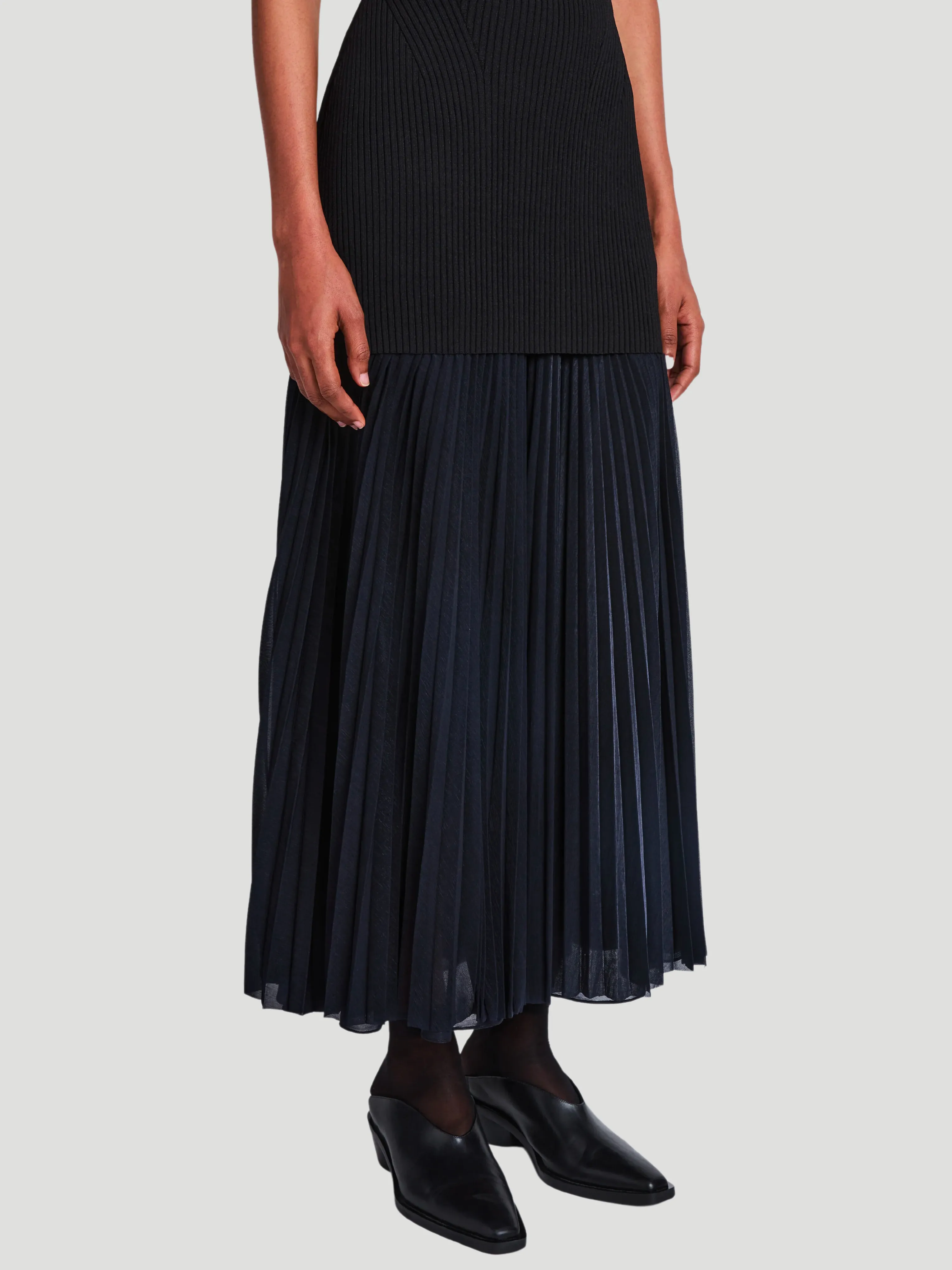 Niki Sheer Pleated Jersey Long Dress with Knit Bodice