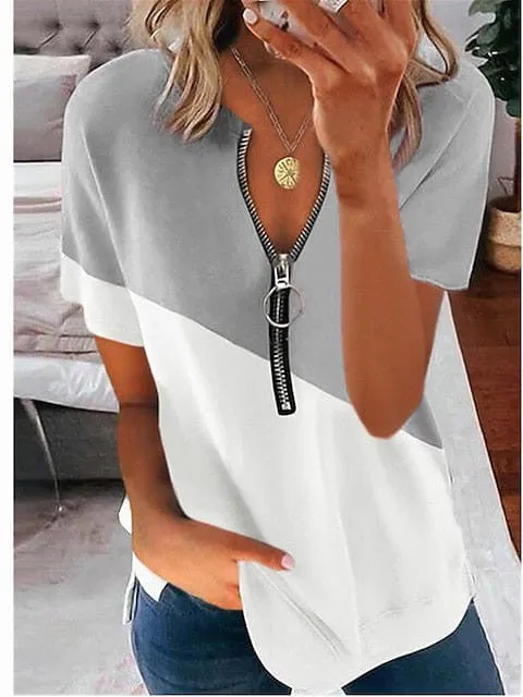 Classic V-Neck Zipper Short-Sleeved Shirt for Women