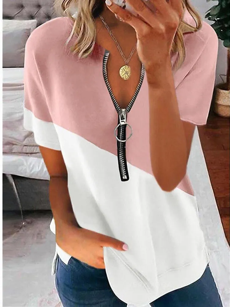 Classic V-Neck Zipper Short-Sleeved Shirt for Women