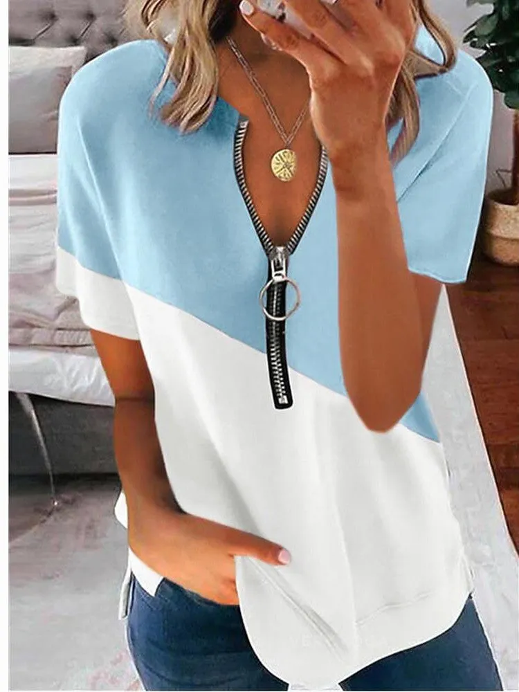 Classic V-Neck Zipper Short-Sleeved Shirt for Women