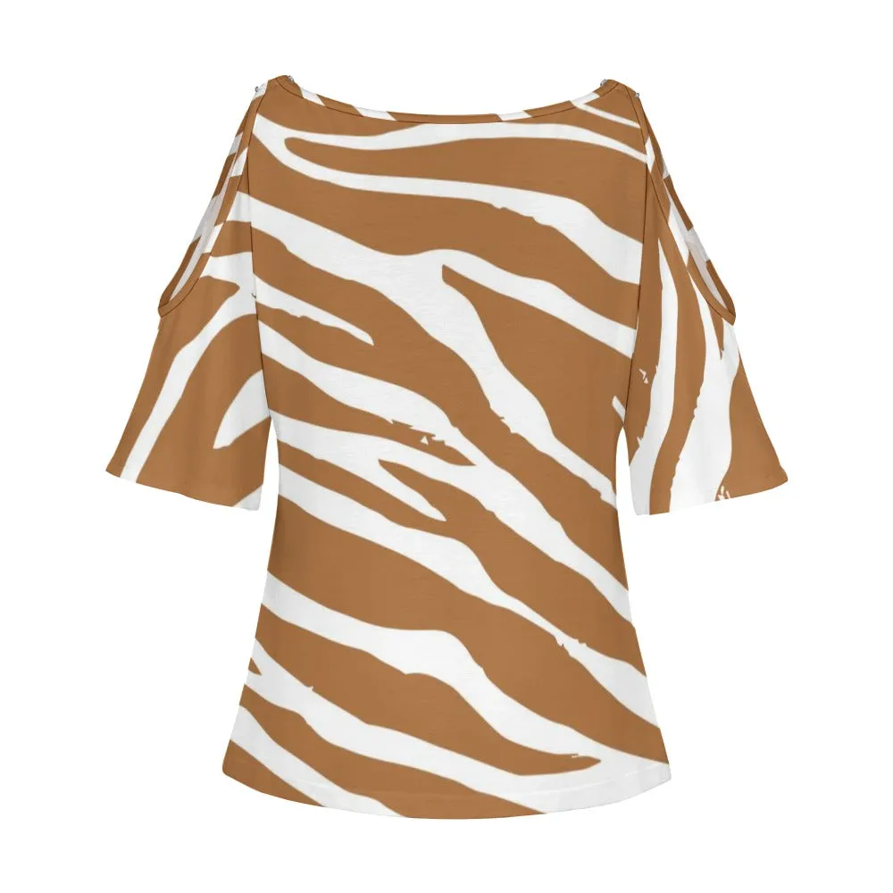 Brown Zebra Cold Shoulder T-shirt