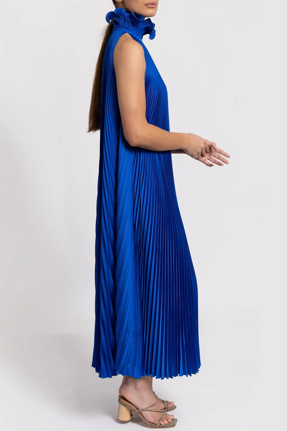 Bisous Cobalt Blue Mini High Neck Satin Pleated Dress