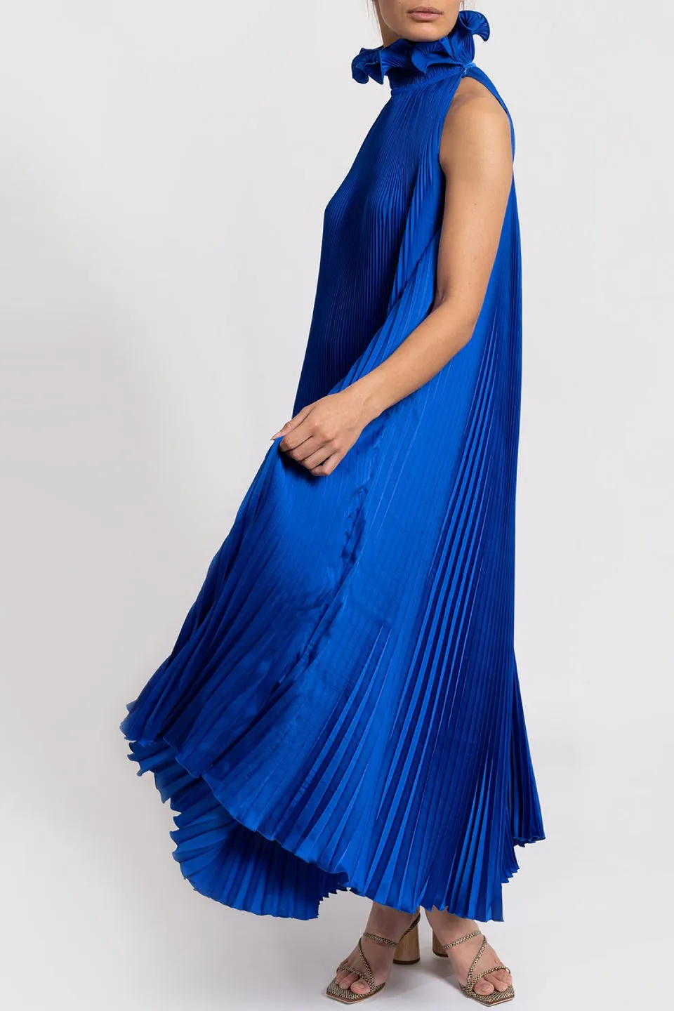 Bisous Cobalt Blue Mini High Neck Satin Pleated Dress