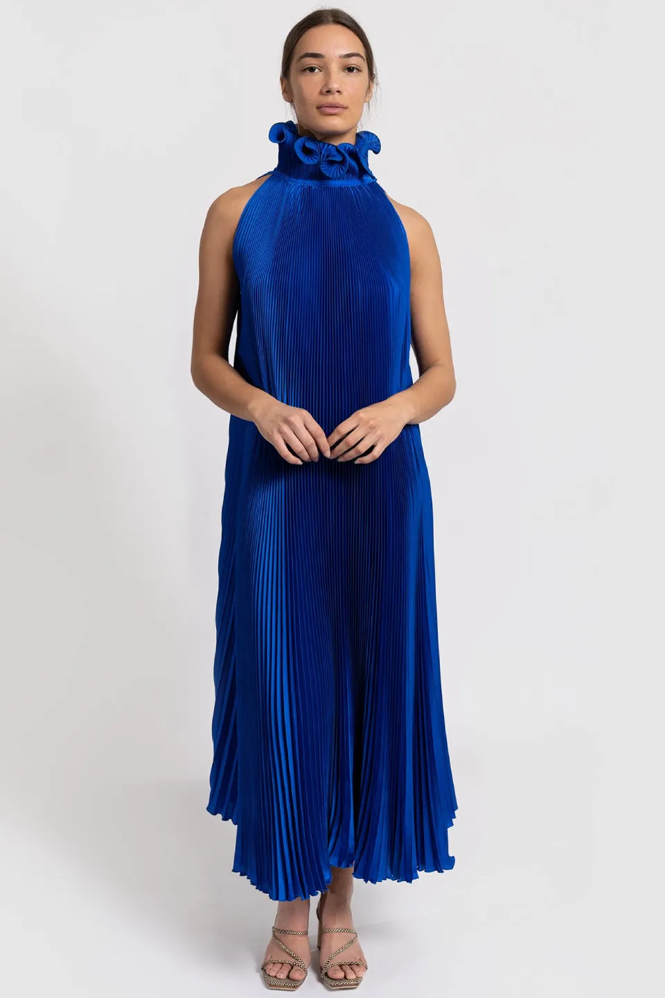 Bisous Cobalt Blue Mini High Neck Satin Pleated Dress