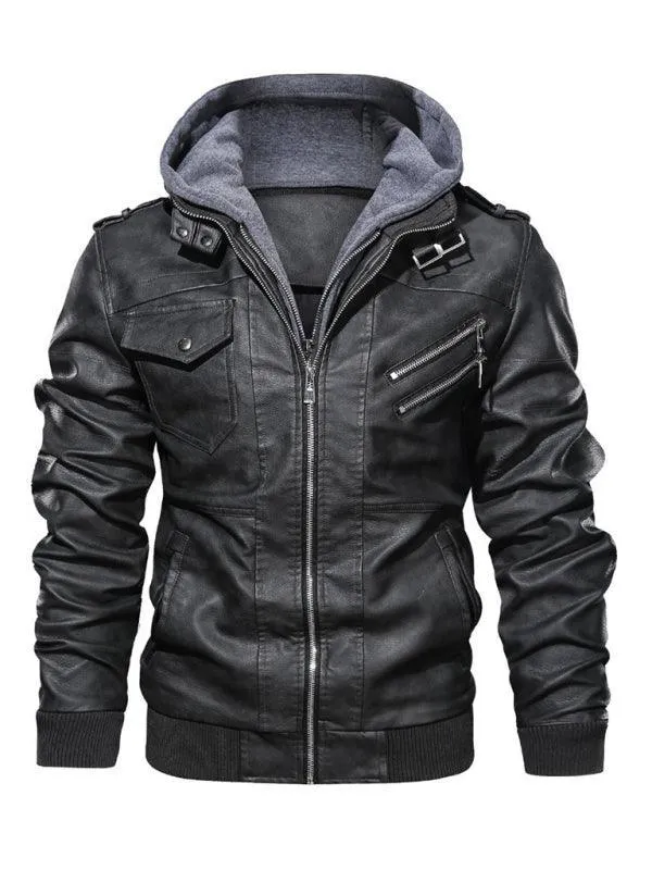 Hooded Motorcycle Men Leather Jacket