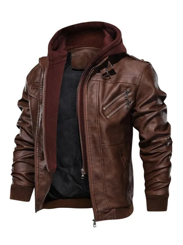 Hooded Motorcycle Men Leather Jacket