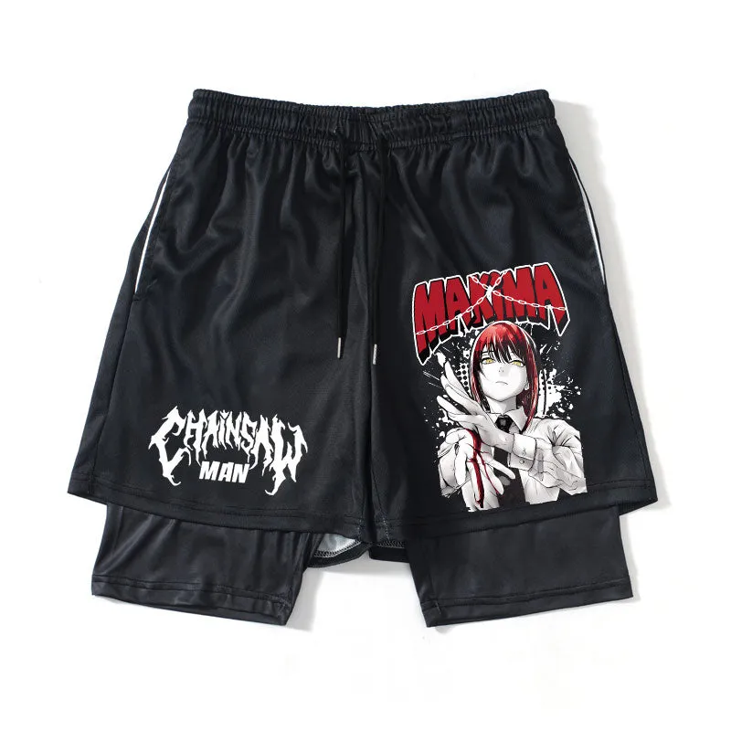 Best Power of Control Anime Makima Chainsaw Men Sport Shorts - 2-in-1 Perfect for Workout Running and Training Shorts