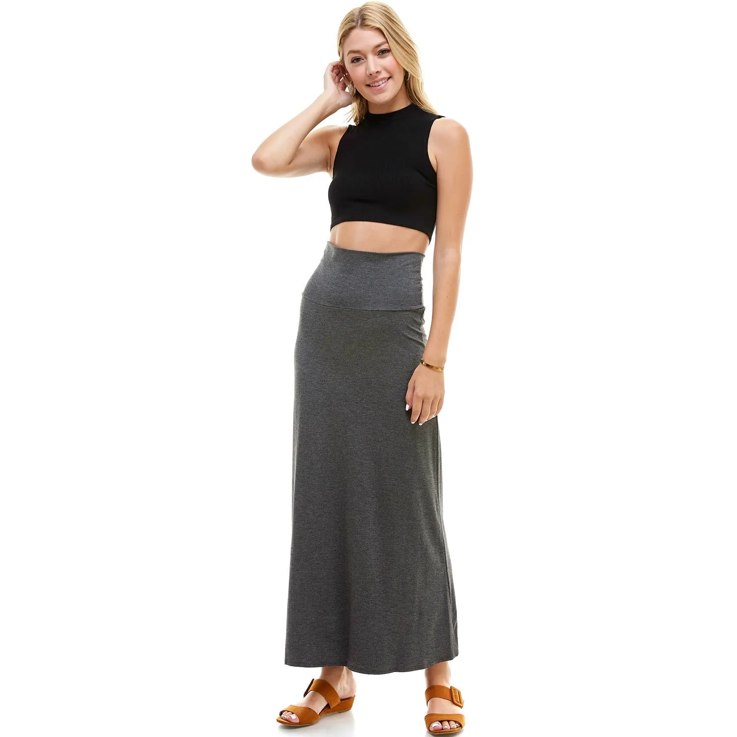 High Waist Solid Soft Maxi Skirt in Charcoal