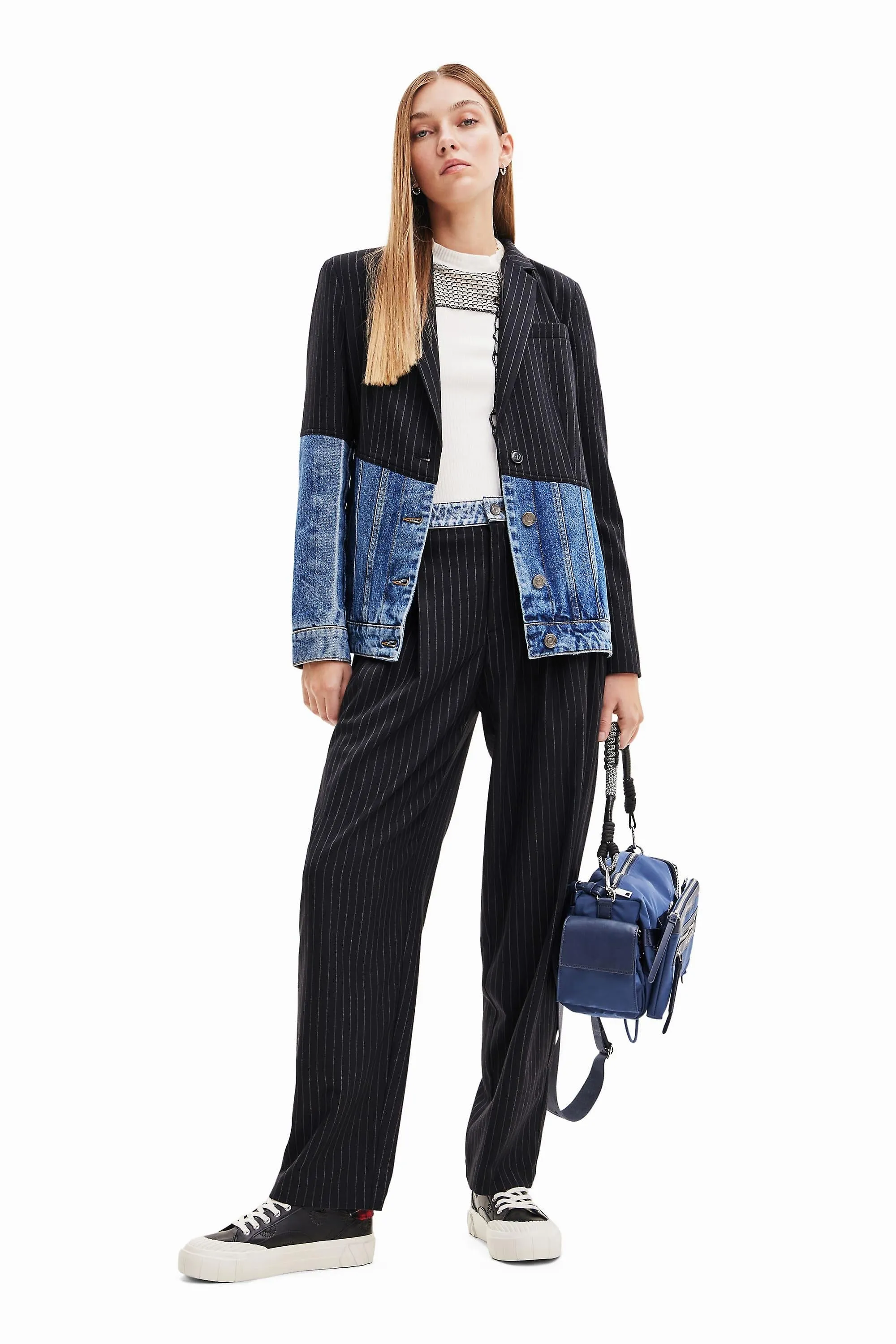 Desigual Pinstripe Denim Hybrid Blazer