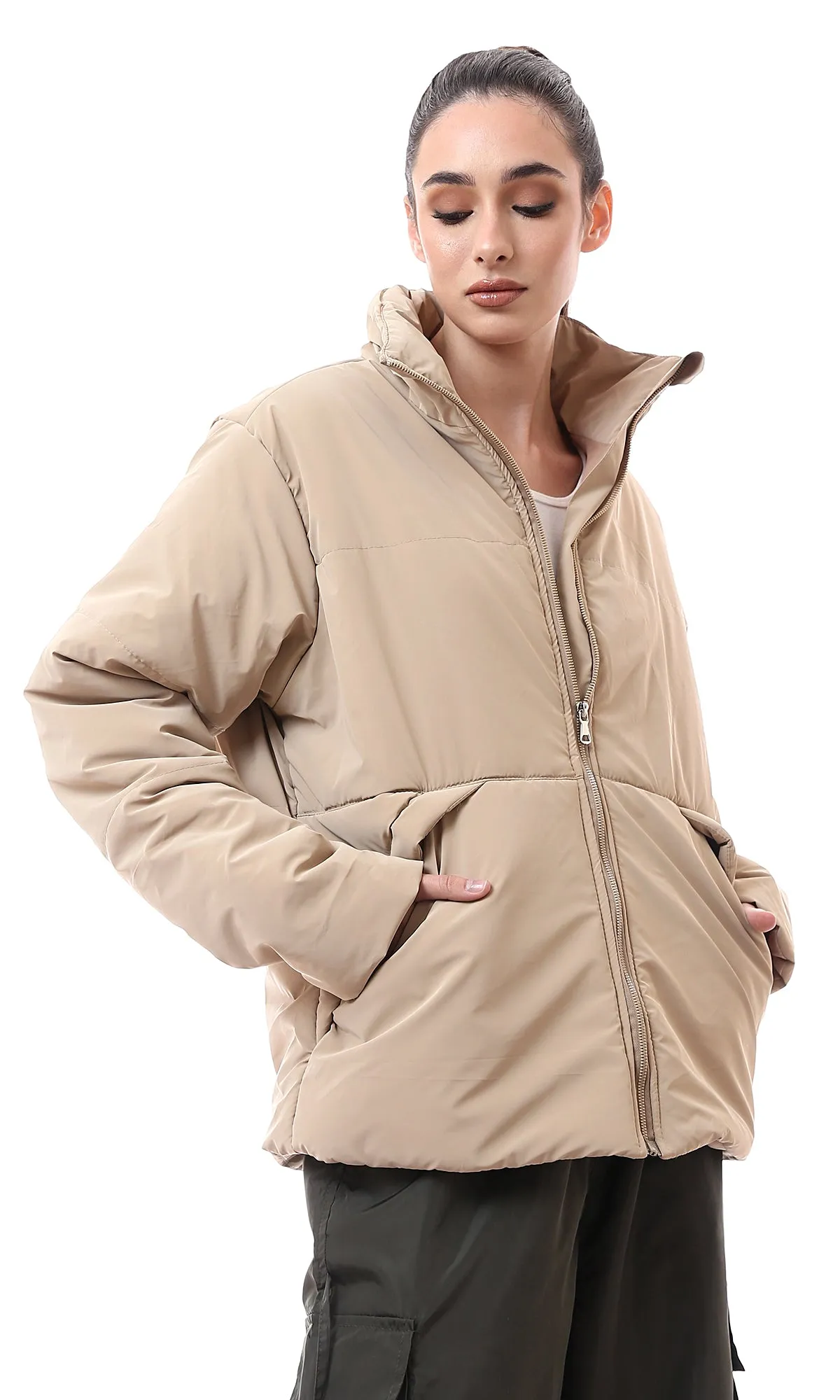 O173799 Zipped Pockets Solid Sand Beige Winter Jacket