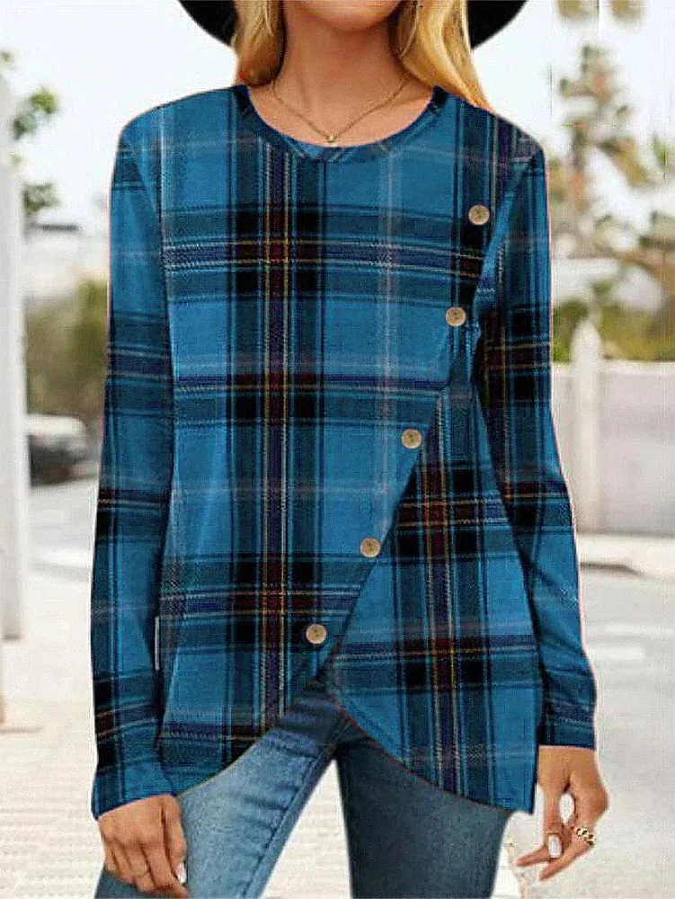 Stylish Plaid Print Women's Button-Up Shirt with Long Sleeve and Round Neck