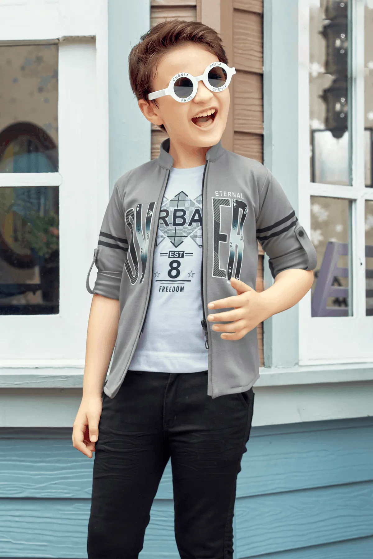 Grey Blazer with White T-Shirt and Black Pant Set for Boys