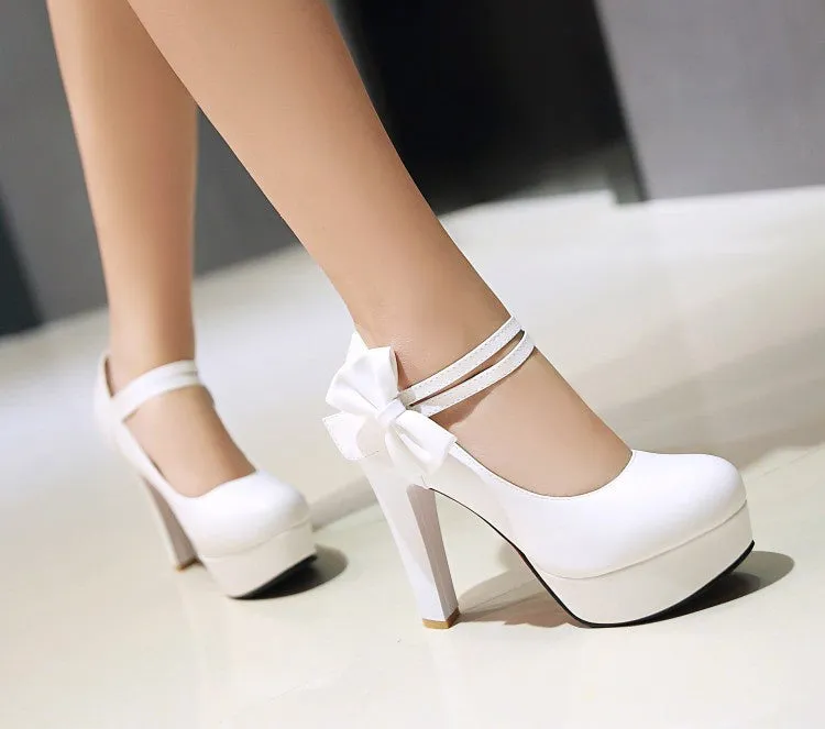 Women's Bowtie High Heels Chunky Heel Platform Pumps