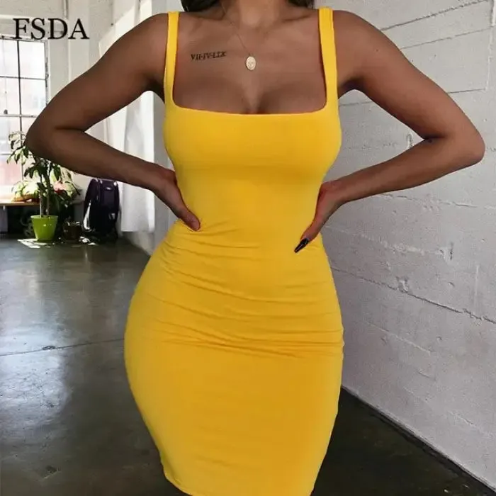 Bold and Sexy Square Neck Sleeveless Bodycon Mini Dress