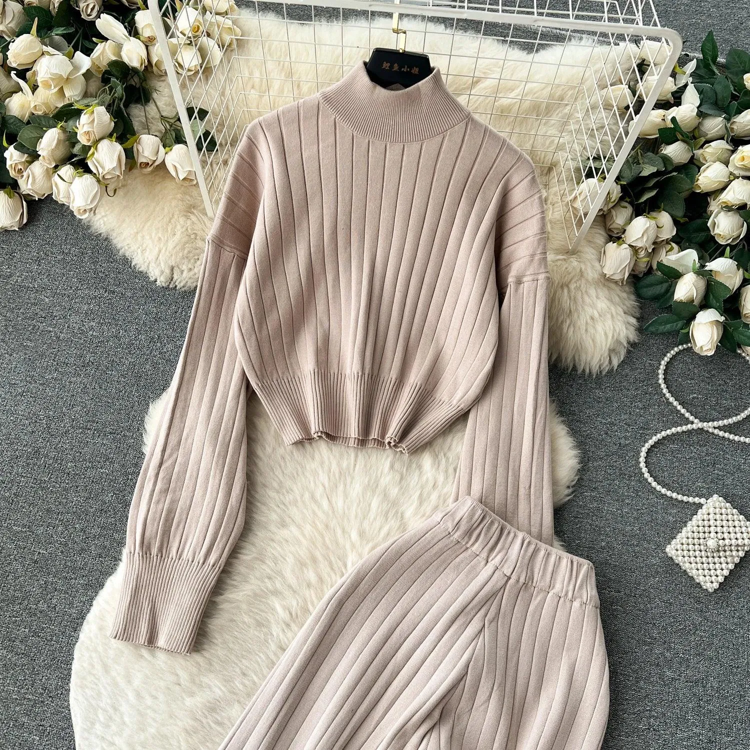 Women Turtleneck Flayer Pants Sweater Set