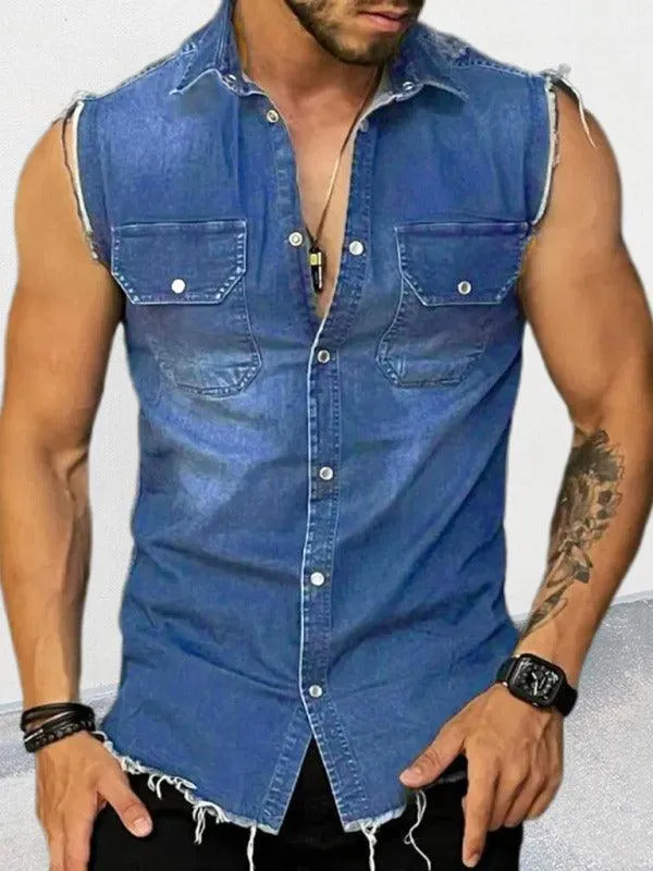 Distressed Sleeveless Men Denim Shirt