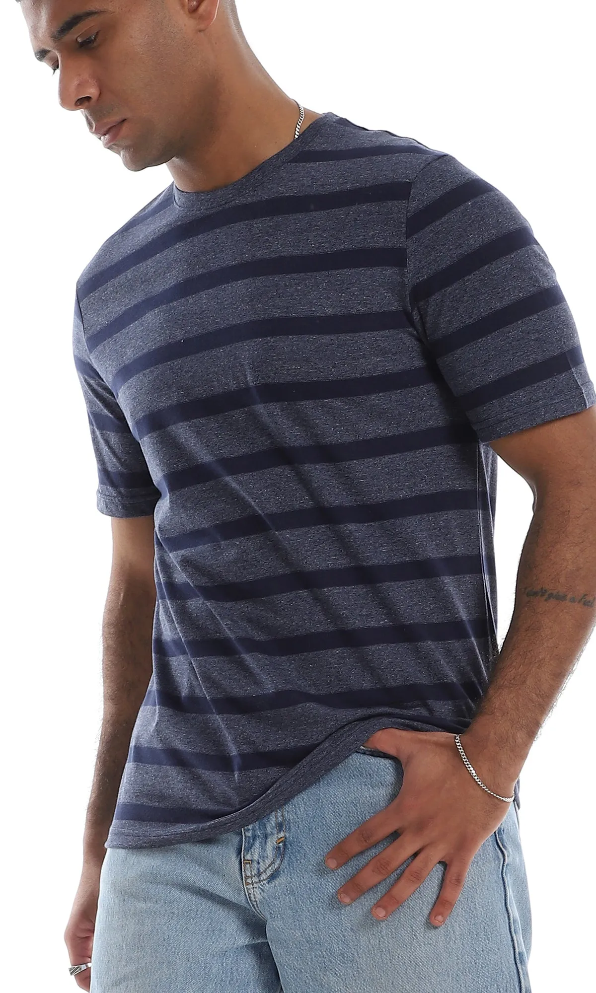 O164003 Round Neck Striped Short Sleeves Navy Blue T-Shirt