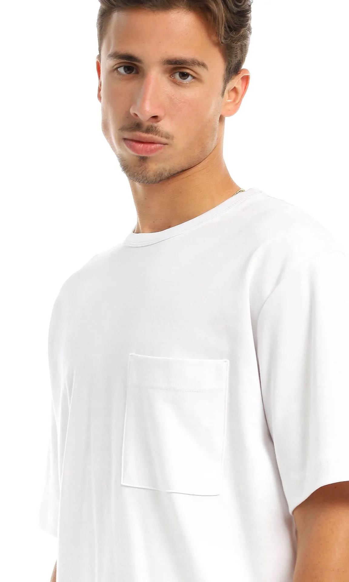 97708 Basic Round Patched Pocket White T-Shirt