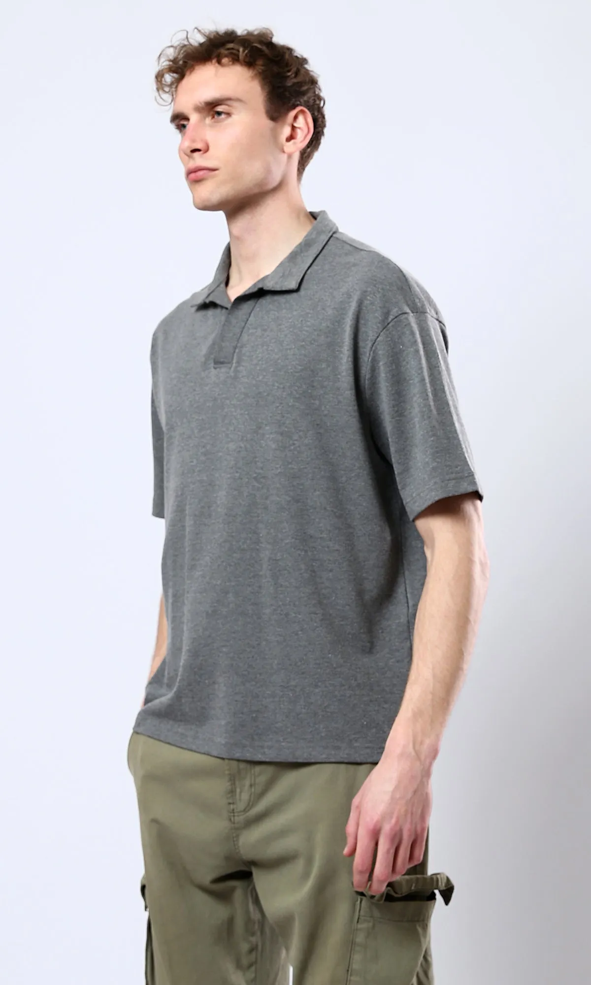 O179249 Open Classic Neck Relaxed Polo Shirt - Heather Dark Grey