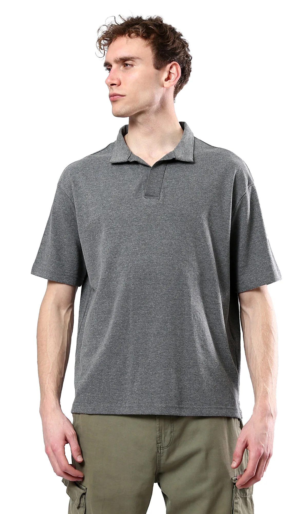 O179249 Open Classic Neck Relaxed Polo Shirt - Heather Dark Grey