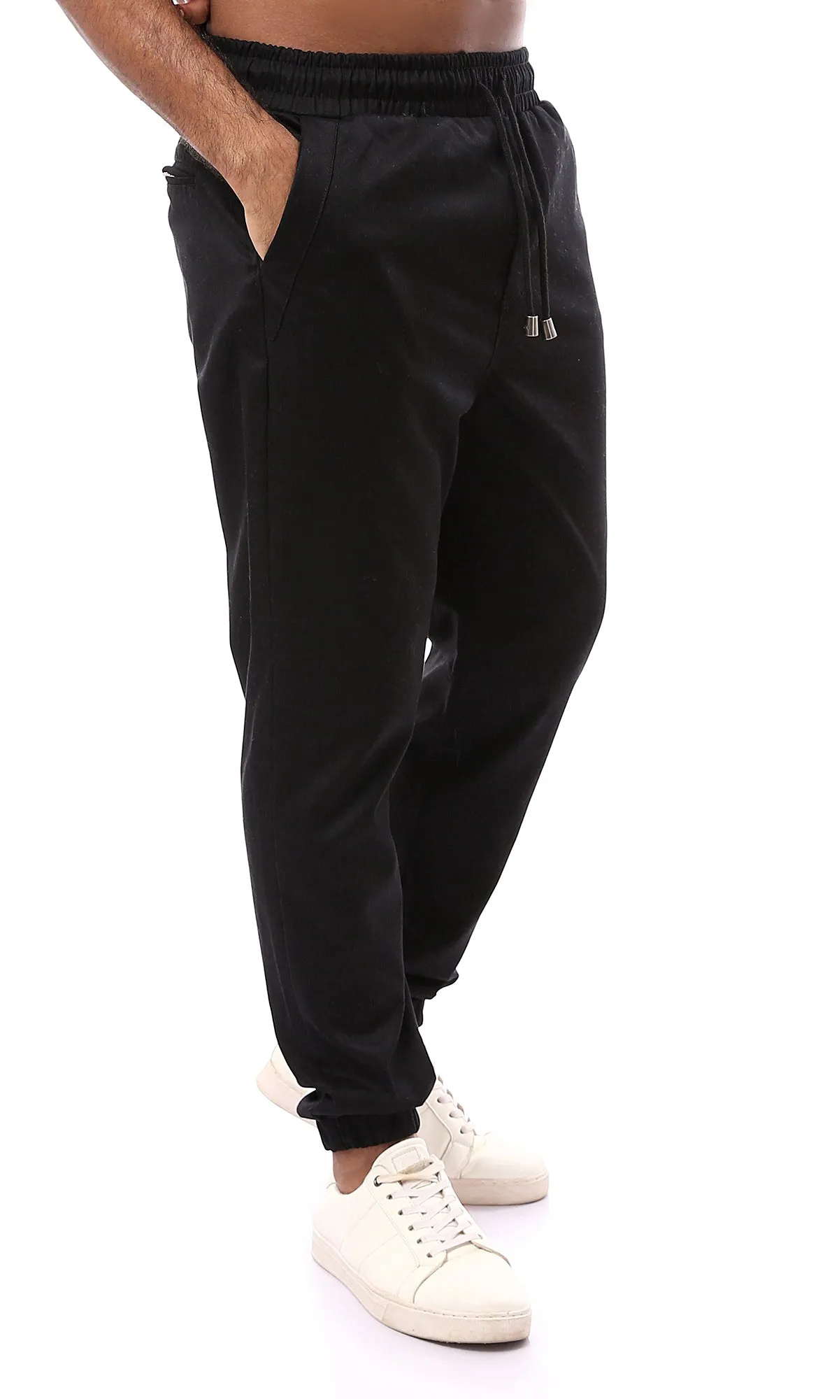 O161106 Elastic Waist With Drawstring Black Jogger Pants