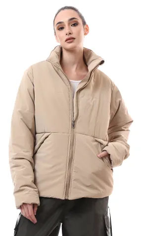 O173799 Zipped Pockets Solid Sand Beige Winter Jacket