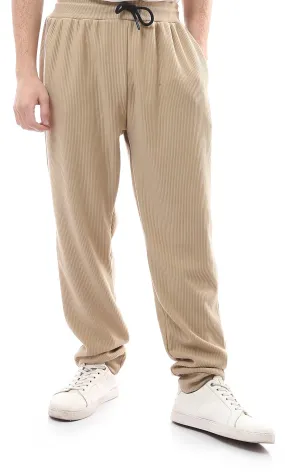 O176391 Sand Beige Ribbed Jogger Pants With Elastic Waist