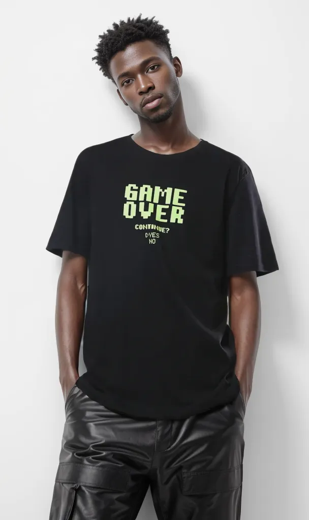 O178958 Printed Game Over Short Sleeves Summer Black Tee