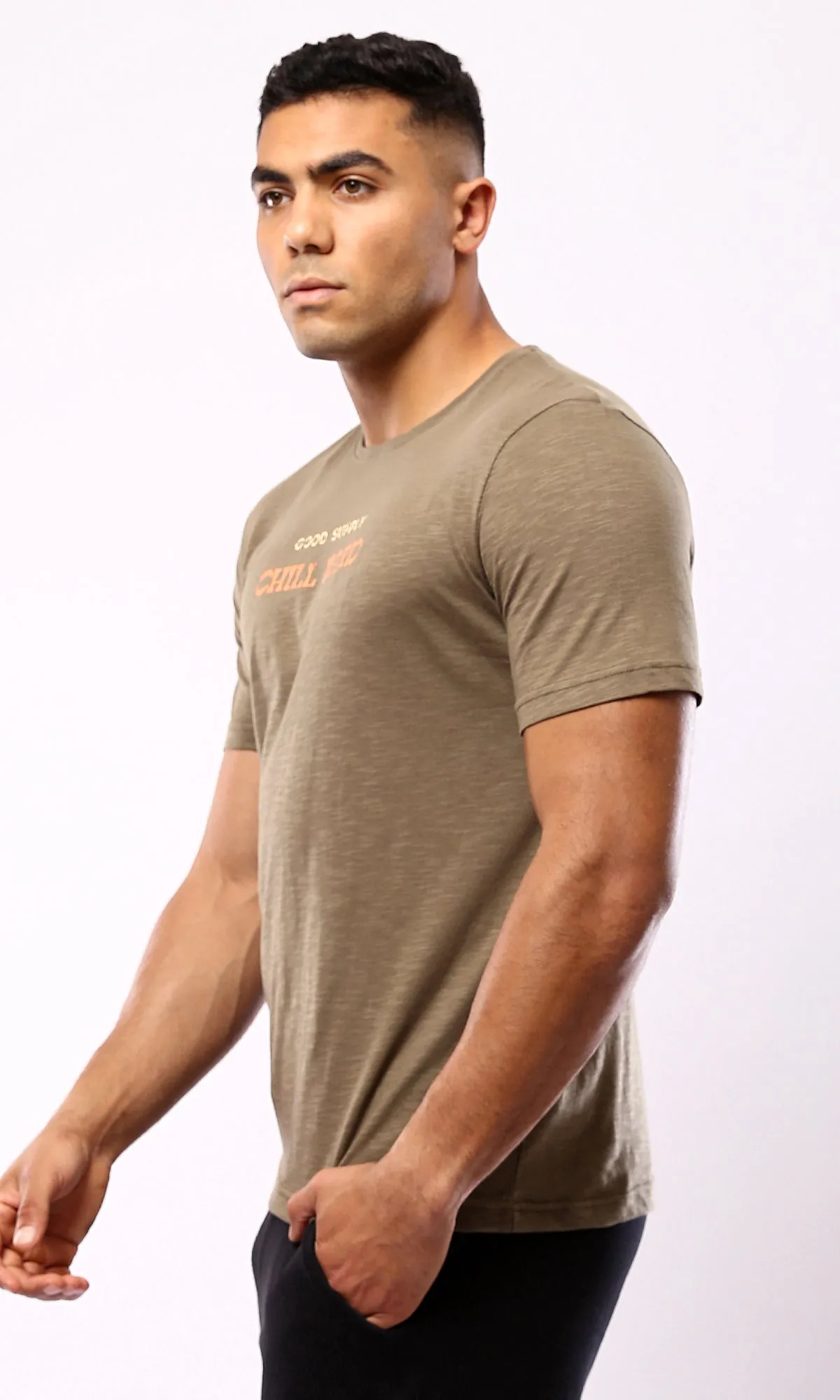 O179362 Heather Dark Khaki Round Neck Summer Tee