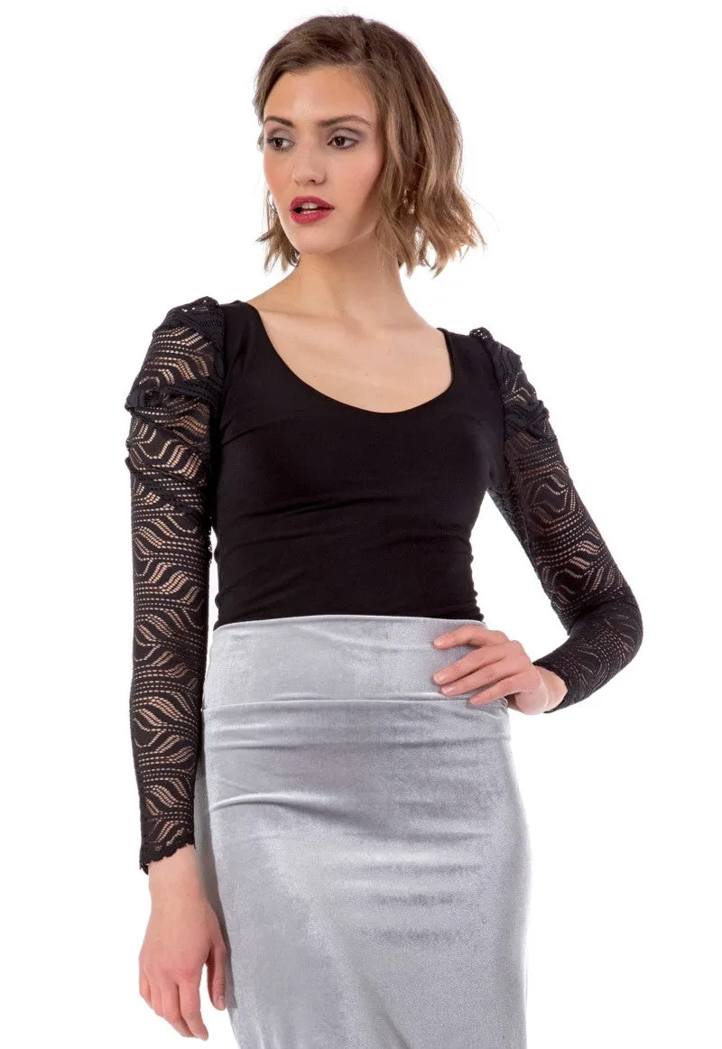 Black Tango Top with Mesh Long Sleeves