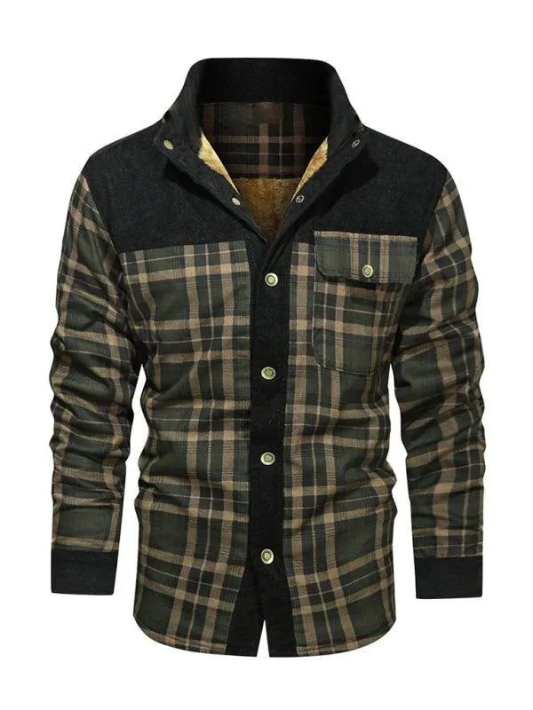 Patchwork Plaid Men Fleece Flannel Shirt