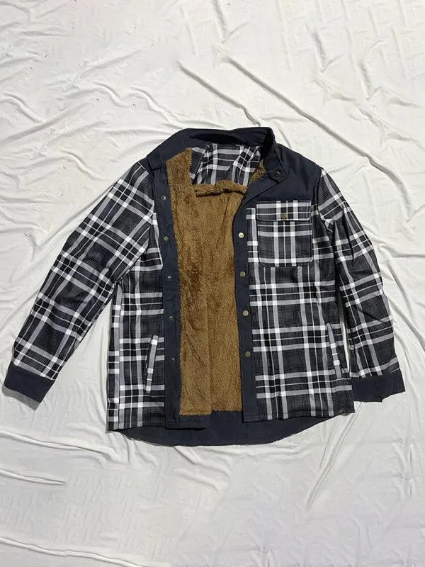 Patchwork Plaid Men Fleece Flannel Shirt