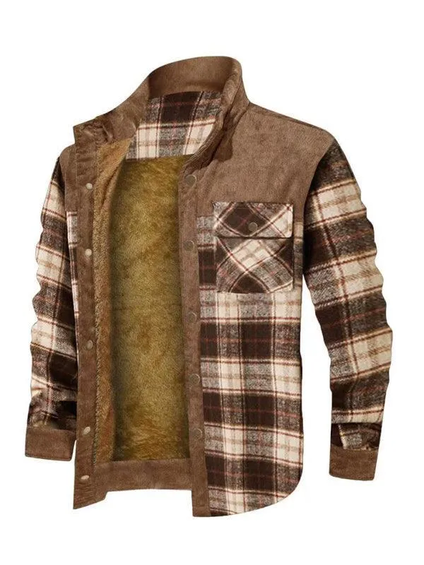 Patchwork Plaid Men Fleece Flannel Shirt