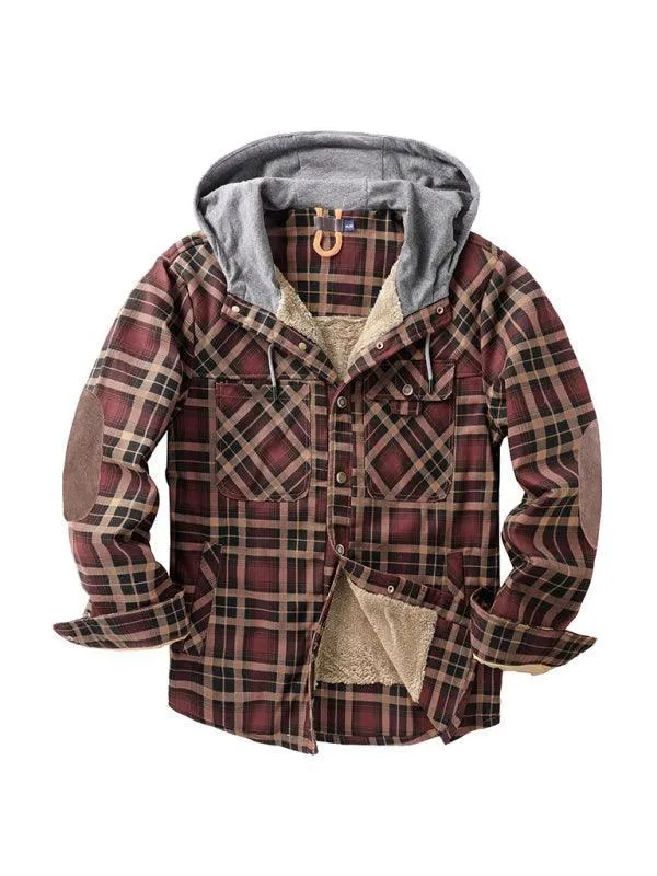 Plaid Fleece Hooded Men Flannel Shirt