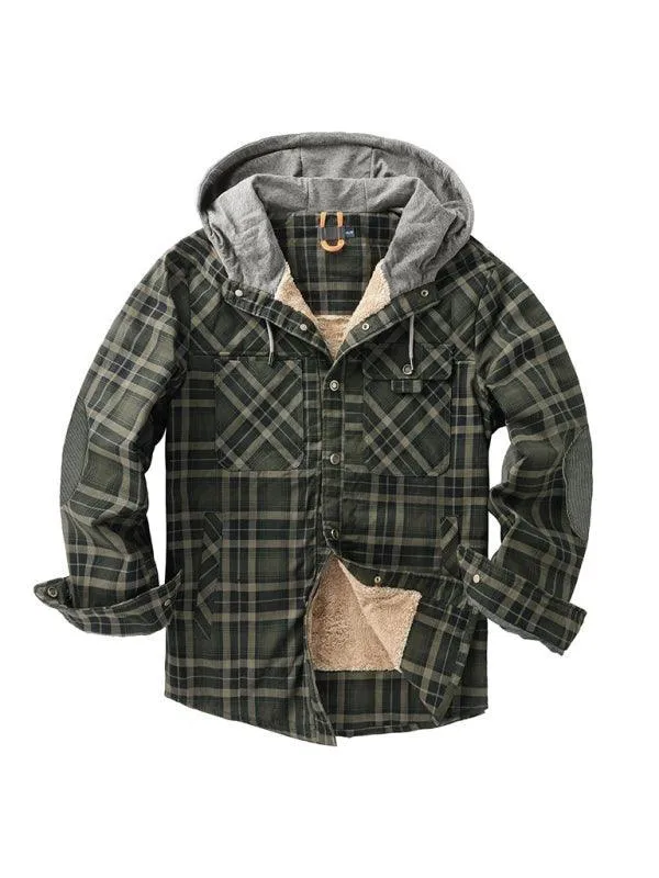 Plaid Fleece Hooded Men Flannel Shirt