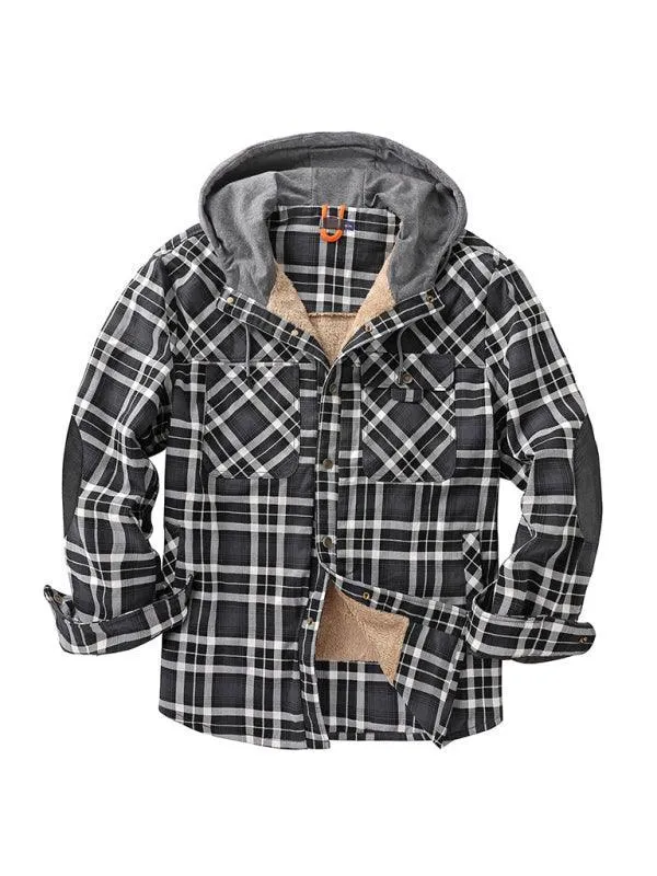 Plaid Fleece Hooded Men Flannel Shirt