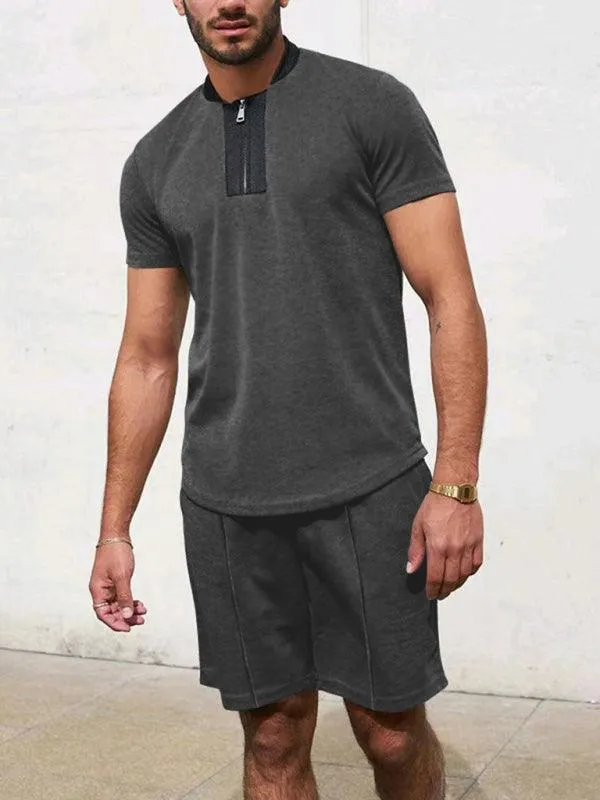 Waffle V-Neck Zipper T-Shirt Men Clothing Set