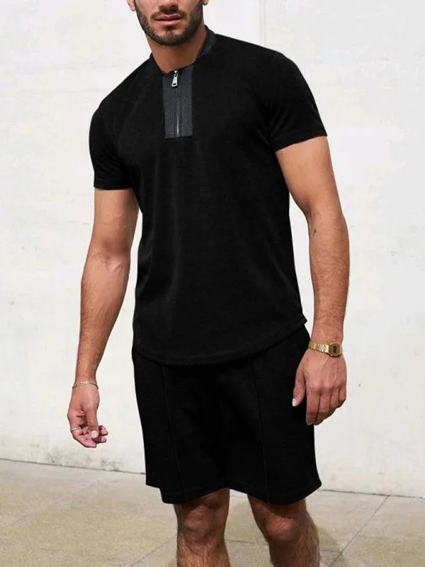 Waffle V-Neck Zipper T-Shirt Men Clothing Set