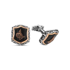 Silver Black Onyx Stone Ottoman Tughra Cufflink