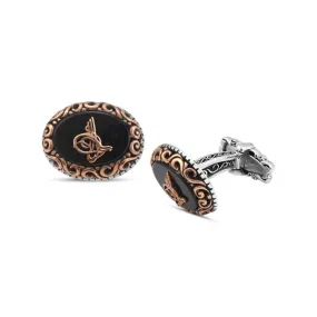 Silver Black Onyx Stone Over Ottoman Tughra Cufflink